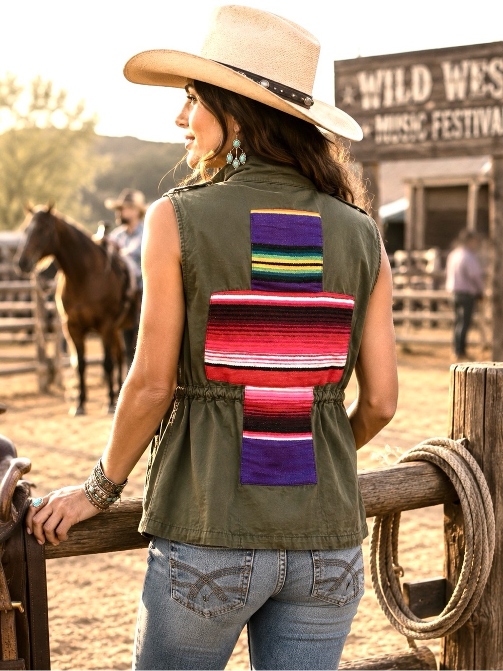 Olive Military Utility Vest Serape Cross Back Western Cowgirl Festival L